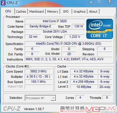 酷睿i7 3820 CPU-Z截图。从图中你能看到3820完整支持VT-x、AES、AVX等高级指令集，和其他SNB-E或SNB核心酷睿i7处理器是一致的。3820的三级共享缓存采用了20路组关联、10MB设计，相对高端的酷睿i7 3900系列处理器有所精简，但比2600K的16路组关联、8MB设计更能满足多核心运算需求。再加上SNB-E核心采用了环形总线技术，理论上3820的缓存延迟会更低，整体效能会比2600K等SNB产品更出色。
